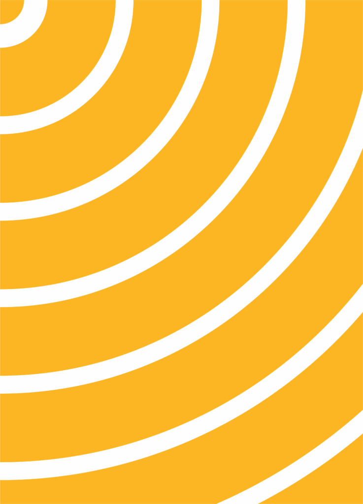 Abstrakt illustration med gul bakgrund och vita ljudvågor som utstrålar från mitten, symboliserande ljud, röst eller ljudspridning.